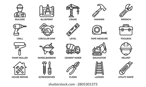 Comprehensive set of construction tools and professional equipment icons for architectural and building projects. Features include hammers wrenches drills saws levels tape measures toolboxes helmets paint rollers excavators and cement mixers. Perfect for renovation maintenance and engineering industries.