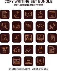 Comprehensive set of copywriting vector icons for interface design and digital marketing resources offering versatility