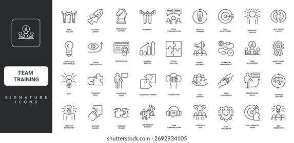 Comprehensive set of corporate and education, presentations, for growth business and communication, leadership, teamwork, representing icons signature training team projects vector illustration