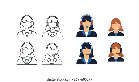 Comprehensive set of customer service agent icons, depicted with and without color, showing female figures wearing headsets, ideal for support interfaces.
