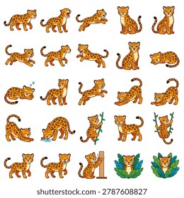 A comprehensive set of cute cartoon leopard or jaguar cub illustrations. This vector bundle features a small big cat character in 25 different activities such as playing, roaring, and napping. Ideal for children's educational materials, zoo branding, or nursery wall art.