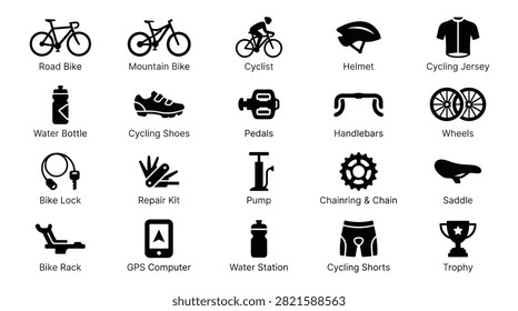 Comprehensive set of cycling related icons including various types of bikes rider silhouettes safety helmets racing apparel maintenance tools and performance tracking gadgets for professional cycling clubs enthusiast shops and active lifestyle sports design projects.