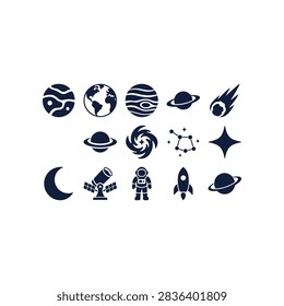 A comprehensive set of dark blue celestial icons including planets earth saturn moon astronaut telescope rocket and galaxy symbols for astronomical design projects