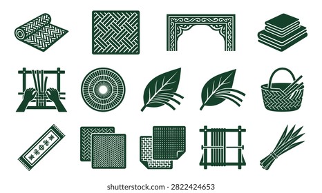 A comprehensive set of dark green flat icons representing traditional weaving processes, handmade wicker baskets, woven mats, textile looms, natural plant fibers, and ethnic patterns.