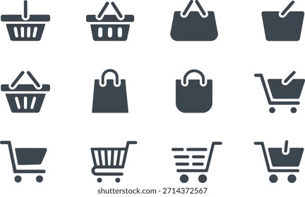 Un conjunto completo de íconos de compras de color gris oscuro, que incluye Carritos, cestas y bolsos, adecuados para interfaces de Web y App.