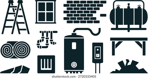 Un conjunto completo de siluetas oscuras con elementos utilizados en la renovación del hogar, la construcción y el trabajo de mantenimiento industrial.