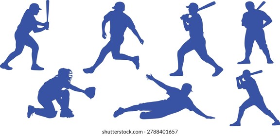 A comprehensive set of deep blue baseball player silhouettes demonstrating different aspects of the game, including batting, fielding, and sliding.