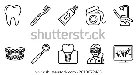 Comprehensive set of dental care and stomatology icons depicting medical equipment oral hygiene tools professional teeth treatment procedures and diagnostic imaging.