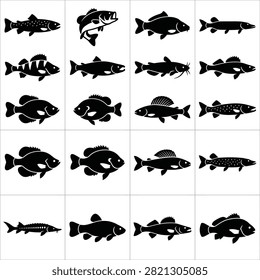 A comprehensive set of detailed black silhouettes depicting various freshwater and saltwater fish species, perfect for angling, nature, and wildlife designs.