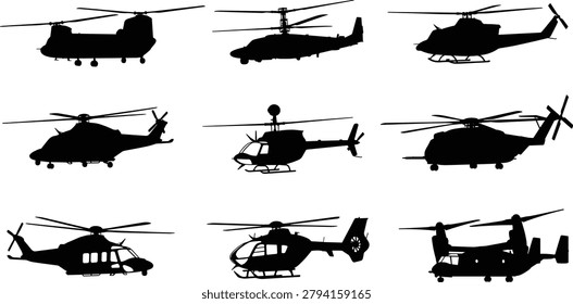 A comprehensive set of detailed helicopter silhouettes suitable for aviation infographics, military themes, and transport logos. These vector icons represent various aircraft types from heavy transport to civilian models.

