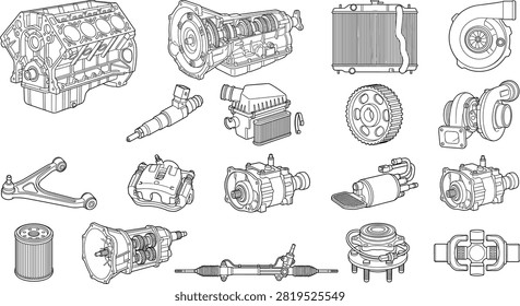 A comprehensive set of detailed vector line art illustrations featuring various car engine components, transmissions, and mechanical auto parts. This versatile collection is perfect for automotive repair shop branding, mechanical manuals, and technical design projects.A comprehensive set of detailed vector line art illustrations featuring various car engine components, transmissions, and mechanical auto parts. This versatile collection is perfect for automotive repair shop branding, mechanical manuals, and technical design projects.