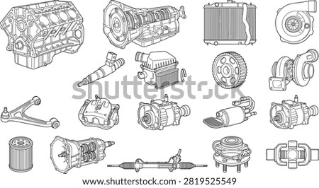A comprehensive set of detailed vector line art illustrations featuring various car engine components, transmissions, and mechanical auto parts. This versatile collection is perfect for automotive repair shop branding, mechanical manuals, and technical design projects.A comprehensive set of detailed vector line art illustrations featuring various car engine components, transmissions, and mechanical auto parts. This versatile collection is perfect for automotive repair shop branding, mechanical manuals, and technical design projects.