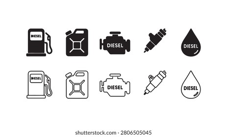 A comprehensive set of diesel fuel industry icons including pumps, canisters, engines, and fuel drops in solid silhouette and clean outline styles isolated on a white background.