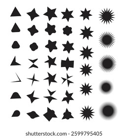 A comprehensive set of diverse abstract shapes, including stars, triangles, and other geometric figures in solid black silhouettes against a white background.