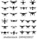 A comprehensive set of drone silhouettes in various shapes and designs, showcasing quadcopters, hexacopters, and other multi-rotor configurations.