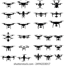 A comprehensive set of drone silhouettes in various shapes and designs, showcasing quadcopters, hexacopters, and other multi-rotor configurations.