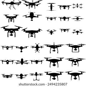 A comprehensive set of drone silhouettes in various shapes and designs, showcasing quadcopters, hexacopters, and other multi-rotor configurations.