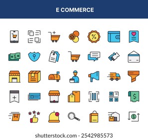 Un conjunto completo de íconos de comercio electrónico que ilustran varios Elementos de las compras en línea y el comercio minorista.