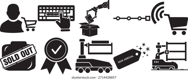 Comprehensive set of e-commerce and retail icons featuring customer profiles, keyboard order placement, robotic packing, distributed supply chain, sold-out items, certification, and new arrival tags.