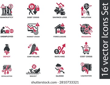 Comprehensive set of economic crisis icons depicting bankruptcy, debt, inflation, recession, and market crashes for financial analysis and reports.