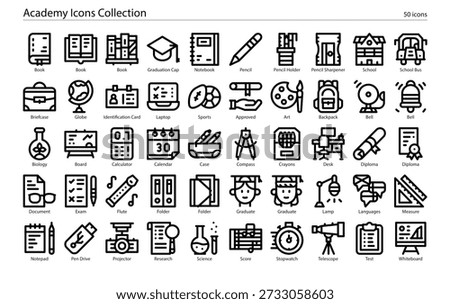 A comprehensive set of education and learning icons featuring graduation caps, books, certificates, academic subjects, and school-related symbols in a cohesive flat design style.