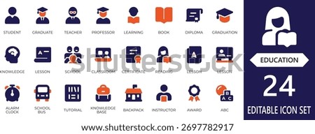 A comprehensive set of educational vector icons including students, books, teachers, and classrooms. Perfect for schools, e-learning platforms, and academic presentations.