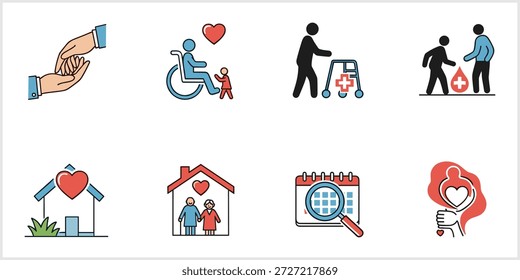 Un conjunto completo de ocho coloridos iconos de línea plana que ilustran varios aspectos de la atención, la Asistencia y la asistencia comunitaria, incluidos el cuidado de personas mayores, la donación de sangre, los dispositivos médicos, la asistencia domiciliaria y la compasión