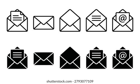 A comprehensive set of email and message icons showing various states