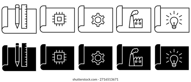 Umfassender Satz von Icons für technische Entwürfe, die Design, Technologie, Mechanik, Industrieproduktion und innovative Konzeptentwicklung in verschiedenen Stilen veranschaulichen