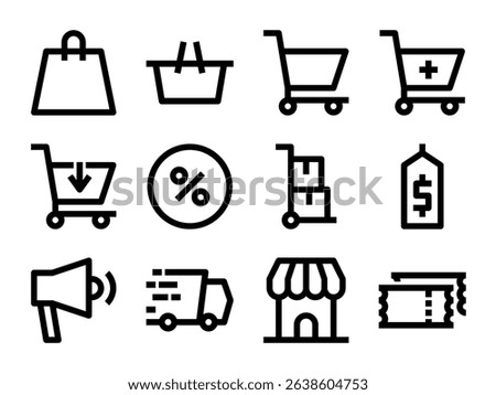 A comprehensive set of essential icons for shopping and retail. Covers shopping bags, baskets, carts, price tags, and promotional elements for e-commerce platforms.