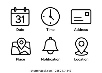 Conjunto completo de iconos de información esencial. Incluye los símbolos de fecha, hora, Dirección, lugar, notificación y ubicación.