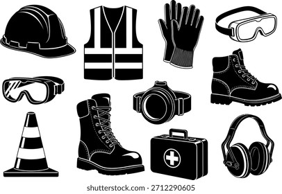 Un conjunto completo de equipos de protección personal y equipos de seguridad esenciales para diversas industrias y lugares de trabajo.