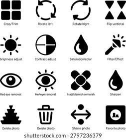 Comprehensive set of essential photo editing icons for quick adjustments and filters in graphic design software