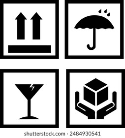 A comprehensive set of essential shipping and handling symbols including "This Side Up," "Keep Dry," "Fragile," and "Handle with Care." Perfect for packaging and logistics use.