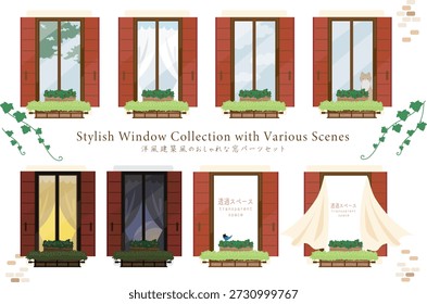 Conjunto completo de ilustraciones de ventanas de estilo europeo con diferentes escenas como el día, la noche, la luz solar y el espacio transparente para diseños personalizables.