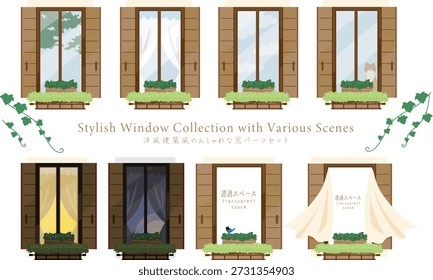 Conjunto completo de ilustraciones de ventanas de estilo europeo con diferentes escenas como el día, la noche, la luz solar y el espacio transparente para diseños personalizables.