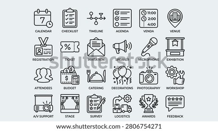 Comprehensive set of event planning icons featuring essential logistics tools including registration management venue locations speaker equipment catering services photography schedules award ceremonies feedback loops timeline tracking and agenda organization for corporate events.