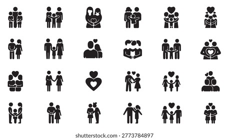 Comprehensive set of family silhouettes including parents kids and couples with heart shapes for unity.