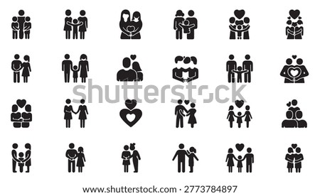 Comprehensive set of family silhouettes including parents kids and couples with heart shapes for unity.