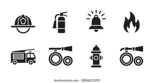 Comprehensive set of fire emergency icons including helmets extinguisher alarm bell truck and hydrant.
