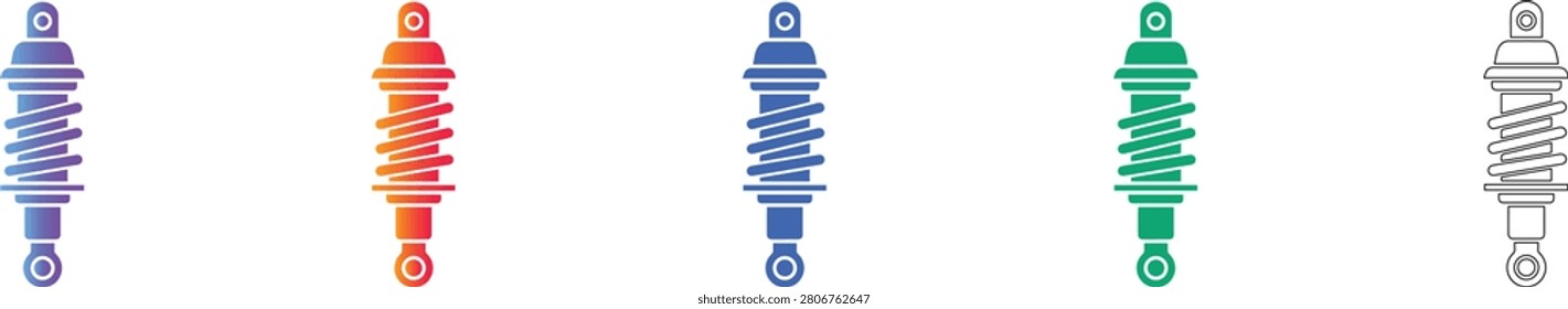 A comprehensive set of five icons showcasing automotive suspension struts, featuring vibrant color gradients and a detailed outline version for technical applications.