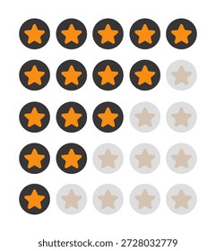 Un conjunto completo de indicadores de calificación de cinco estrellas con estrellas de color naranja brillante en fondos circulares oscuros. El conjunto incluye clasificaciones de una a cinco estrellas con estados inactivos atenuados, perfectos para Sitios web de comercio electrónico, App móviles y secciones de testimonios de Clientes.