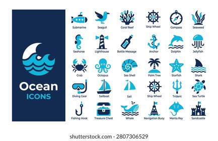 Comprehensive set of flat blue ocean icons, featuring marine life, nautical symbols, sea animals, and maritime elements on dark background.
