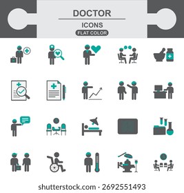 Un conjunto completo de iconos de Doctor de color plano. Esta vibrante colección cuenta con símbolos de dos tonos para el diagnóstico, la consulta, el tratamiento del paciente y los registros médicos. Perfecto para infografías, presente