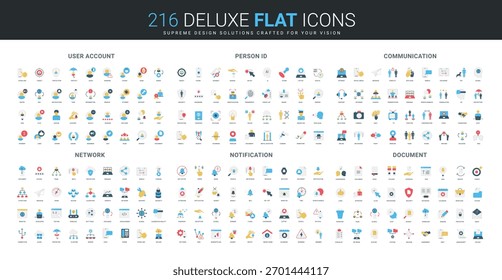 Comprehensive set of flat icons covering user account, person identification, communication, network, notification, and document management themes isolated vector illustration