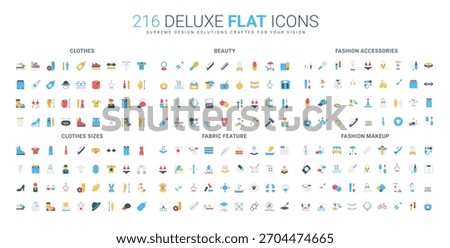 Comprehensive set of flat icons covering clothes, beauty, accessories, sizes, fabric features, and makeup for modern fashion, style, and textile design isolated vector illustration