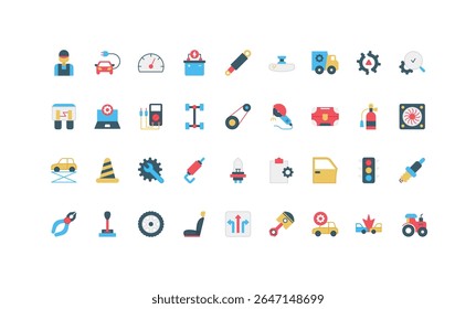 A comprehensive set of flat icons depicting various car service and maintenance elements, including tools, vehicles, and mechanical parts, designed for automotive themes vector illustration