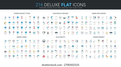 Conjunto abrangente de ícones planos mostrando os tipos de soquete de energia, dispositivos elétricos, eletrodomésticos, sistemas domésticos inteligentes, eletricidade e conceitos de energia de energia ilustração de vetor isolado