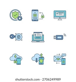un conjunto completo de iconos de línea plana que ilustran varios aspectos de la seguridad digital, la protección de datos y la privacidad en línea.
