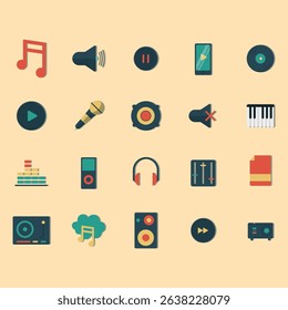A comprehensive set of flat music icons and audio symbols including headphones, microphones, musical notes, media players, and volume controls. Perfect for app interfaces, playlists, music projects, a